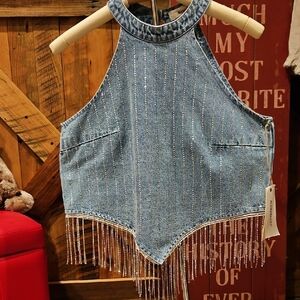 Denim Halter Top with Fringe